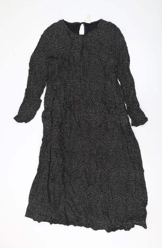 H&M Womens Black Geometric Viscose A-Line Size M Round Neck Button
