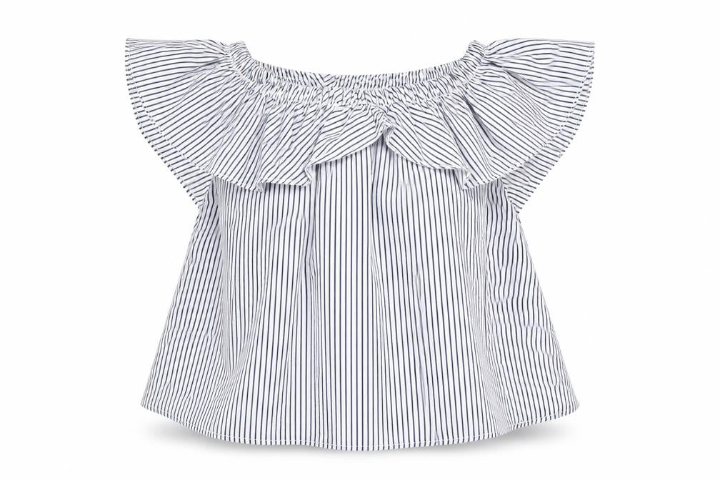 Boohoo Womens Blue Striped Polyester Basic Blouse Size 10 Boat Neck - Layered Frill