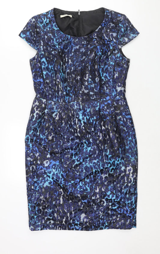 Precis Womens Blue Polyester Shift Size 12 Round Neck Zip - Leopard Print