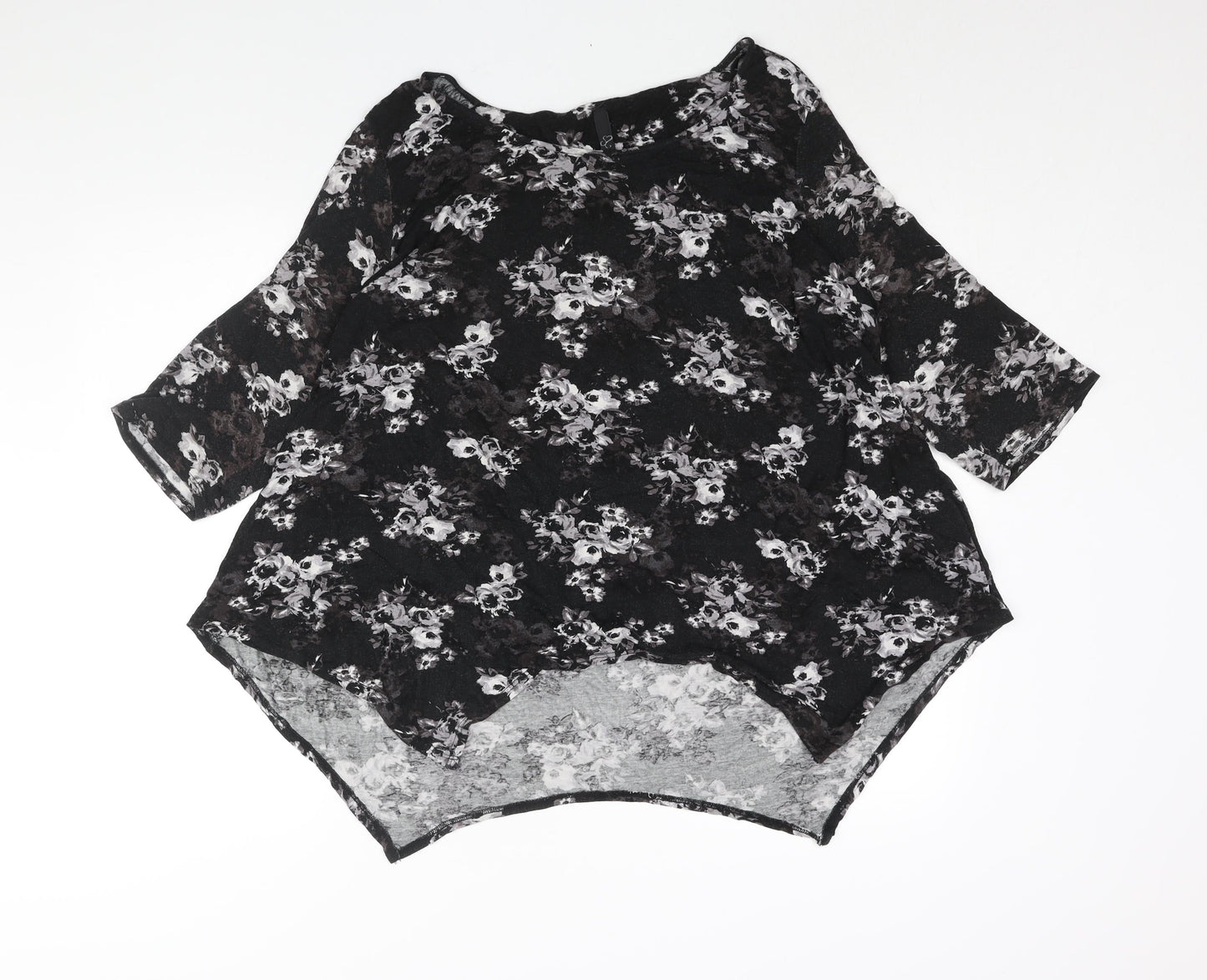 Arcadia Womens Black Floral Viscose Basic Blouse Size 20 Round Neck - Asymmetric Hem