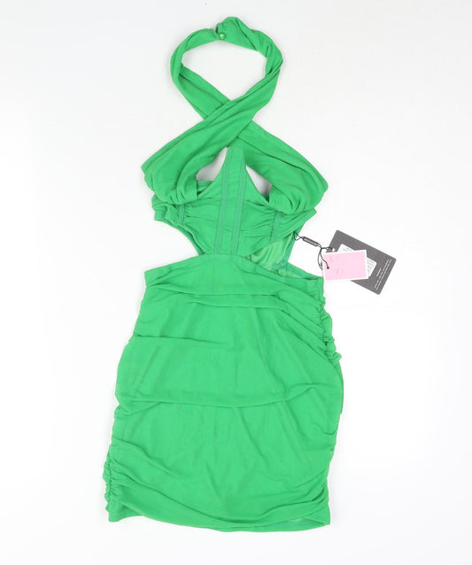PRETTYLITTLETHING Womens Green Polyester Mini Size 6 Halter Zip - Rouched Corset Bodice Cut Out