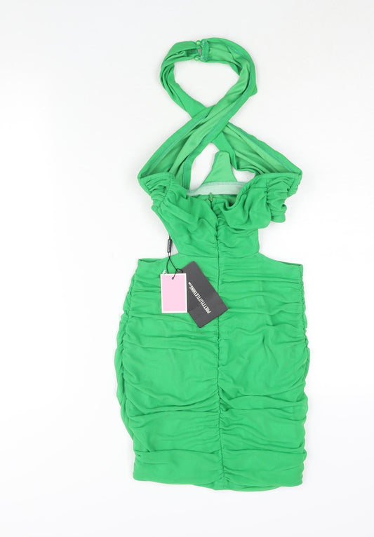 PRETTYLITTLETHING Womens Green Polyester Mini Size 6 Halter Zip - Rouched Corset Bodice Cut Out