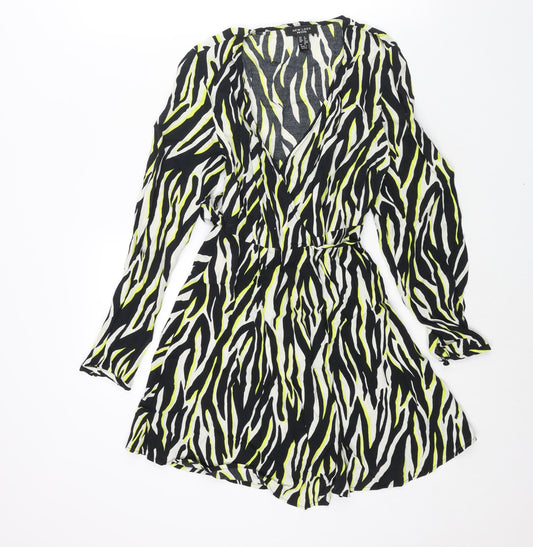 New Look Womens Black Animal Print Viscose Wrap Dress Size 8 V-Neck Tie - Tiger Print