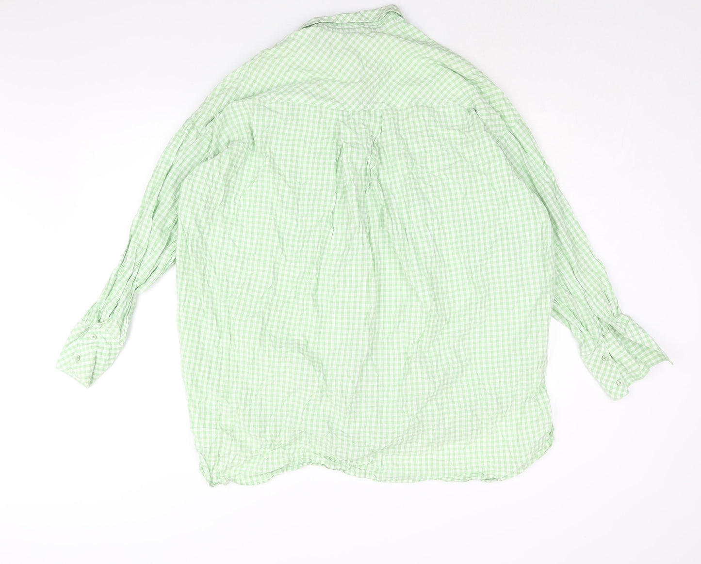 Stradivarius Womens Green Check Cotton Basic Button-Up Size L Collared - Oversized