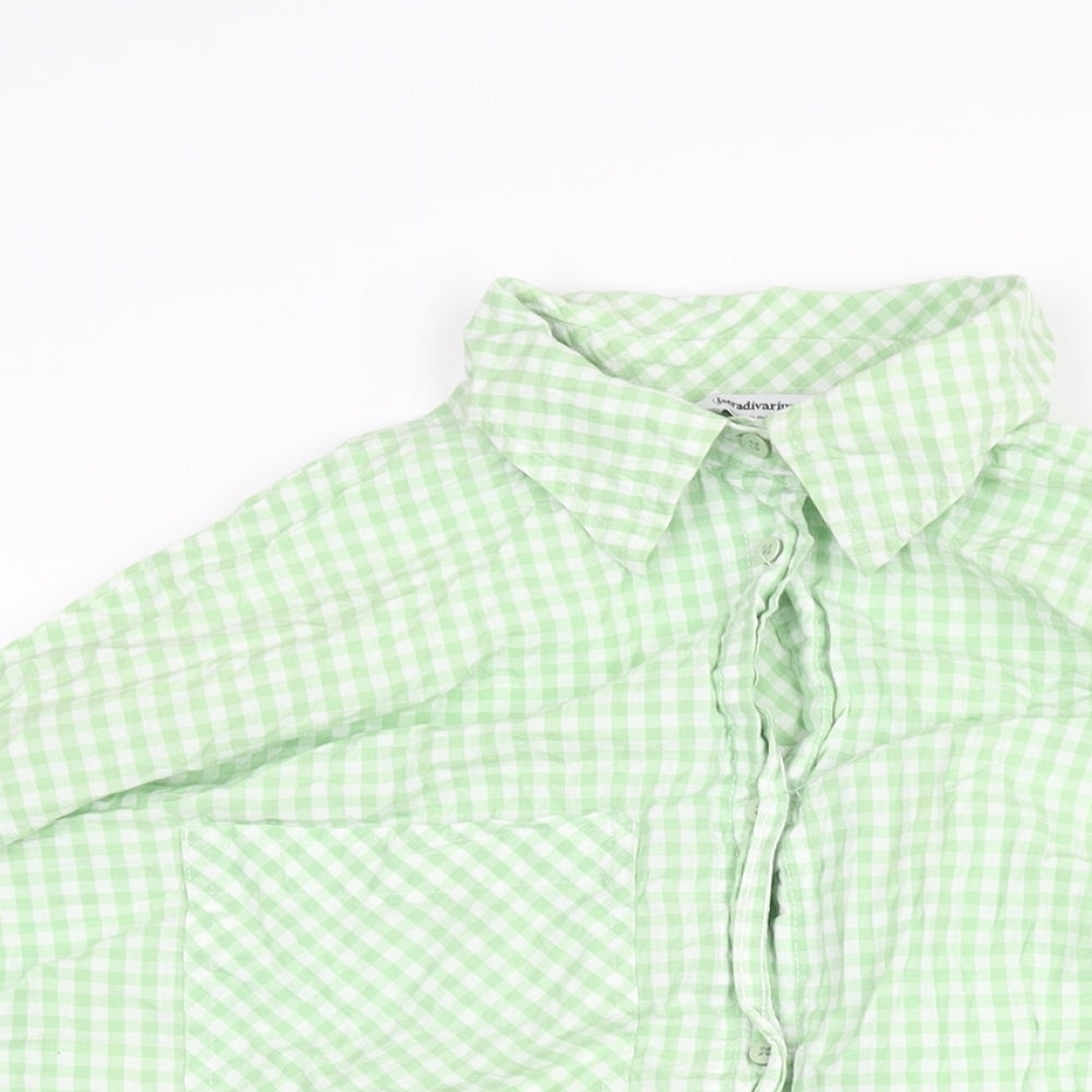 Stradivarius Womens Green Check Cotton Basic Button-Up Size L Collared - Oversized