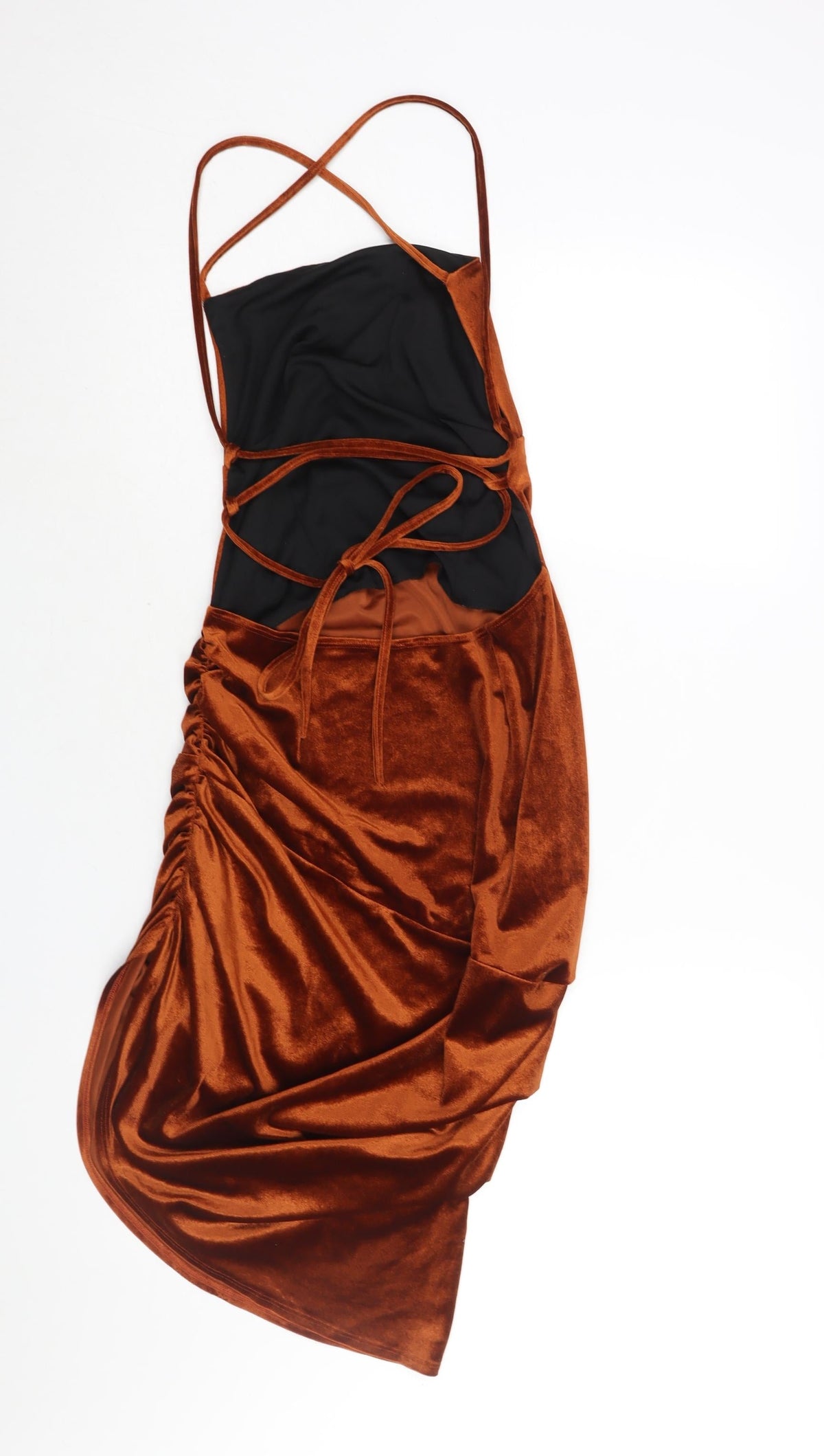 Back view of ASOS women’s brown polyester shift, size UK 12, sweetheart lace up - rouched