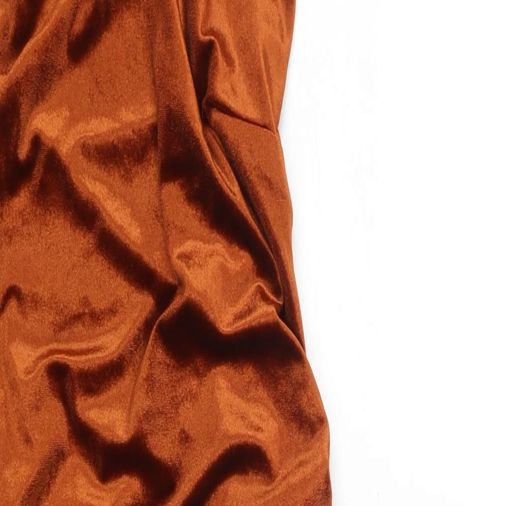 Close-up detail of ASOS women’s brown polyester shift, size UK 12, sweetheart lace up - rouched