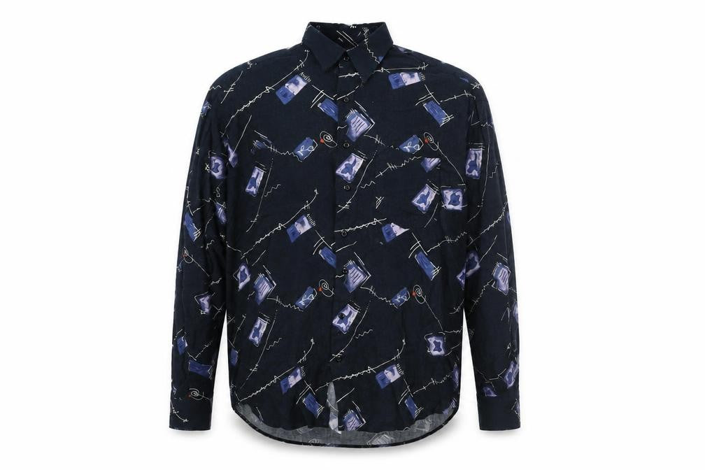 Le Frog Mens Blue Geometric Cotton Button-Up Size L Collared Button