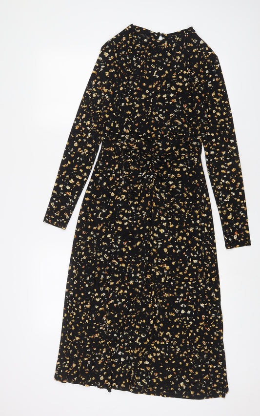 Topshop Womens Black Floral Polyester A-Line Size 8 Round Neck Button