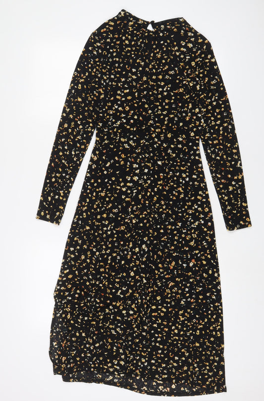 Topshop Womens Black Floral Polyester A-Line Size 8 Round Neck Button