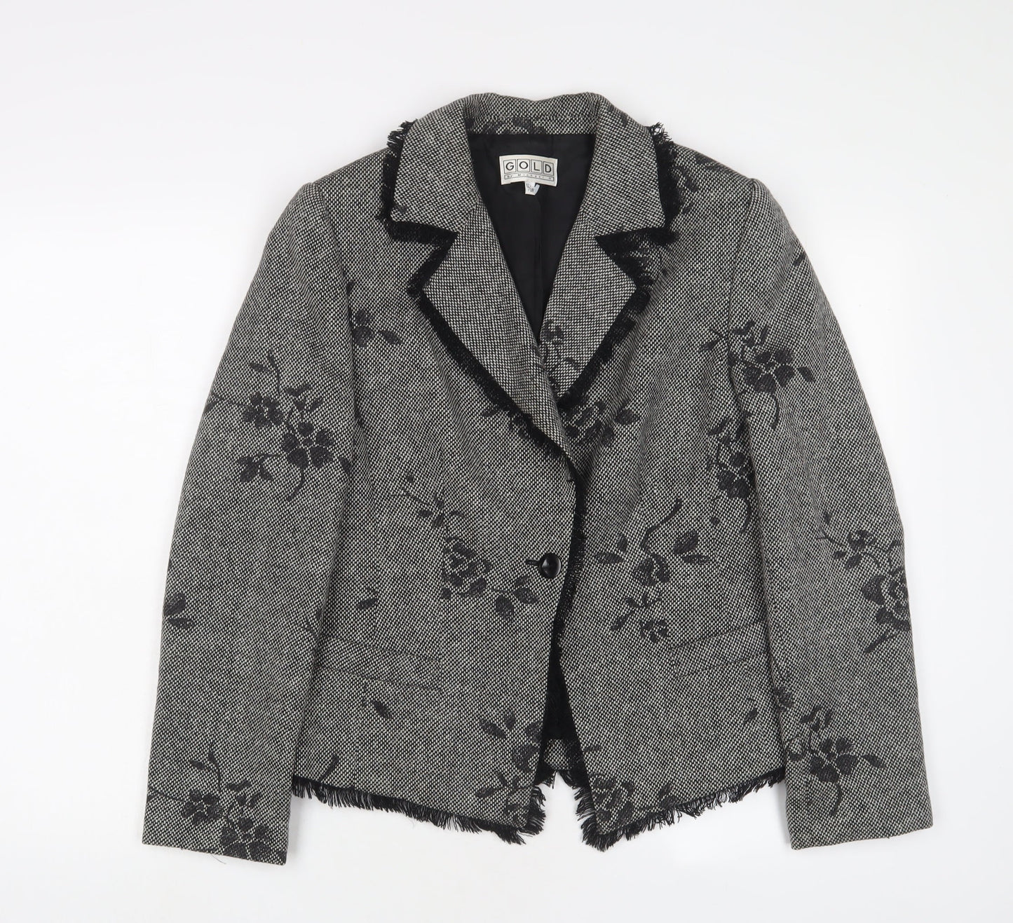 Gold Womens Grey Floral Jacket Blazer Size 12 Button