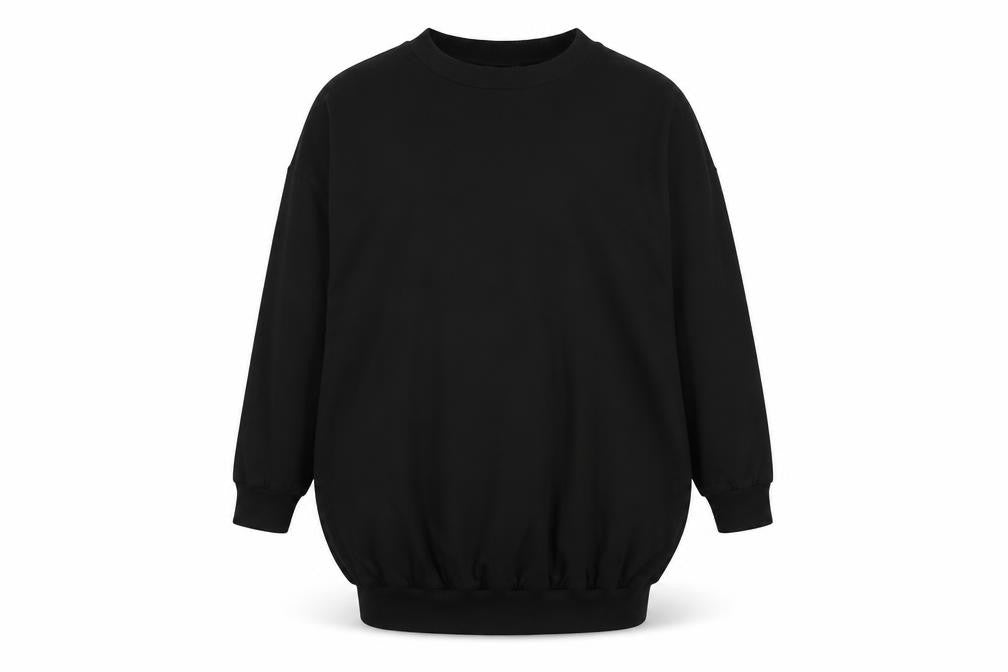 Front view of ASOS women’s black cotton jumper dress, size UK 10, crew neck