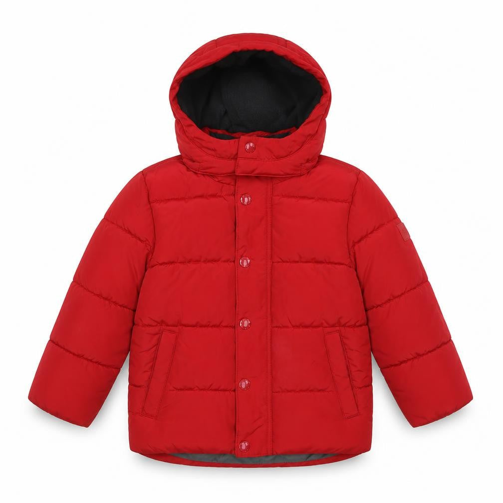 Front view of Gap boys’ red puffer jacket jacket, size 3, years zip - snow skirt