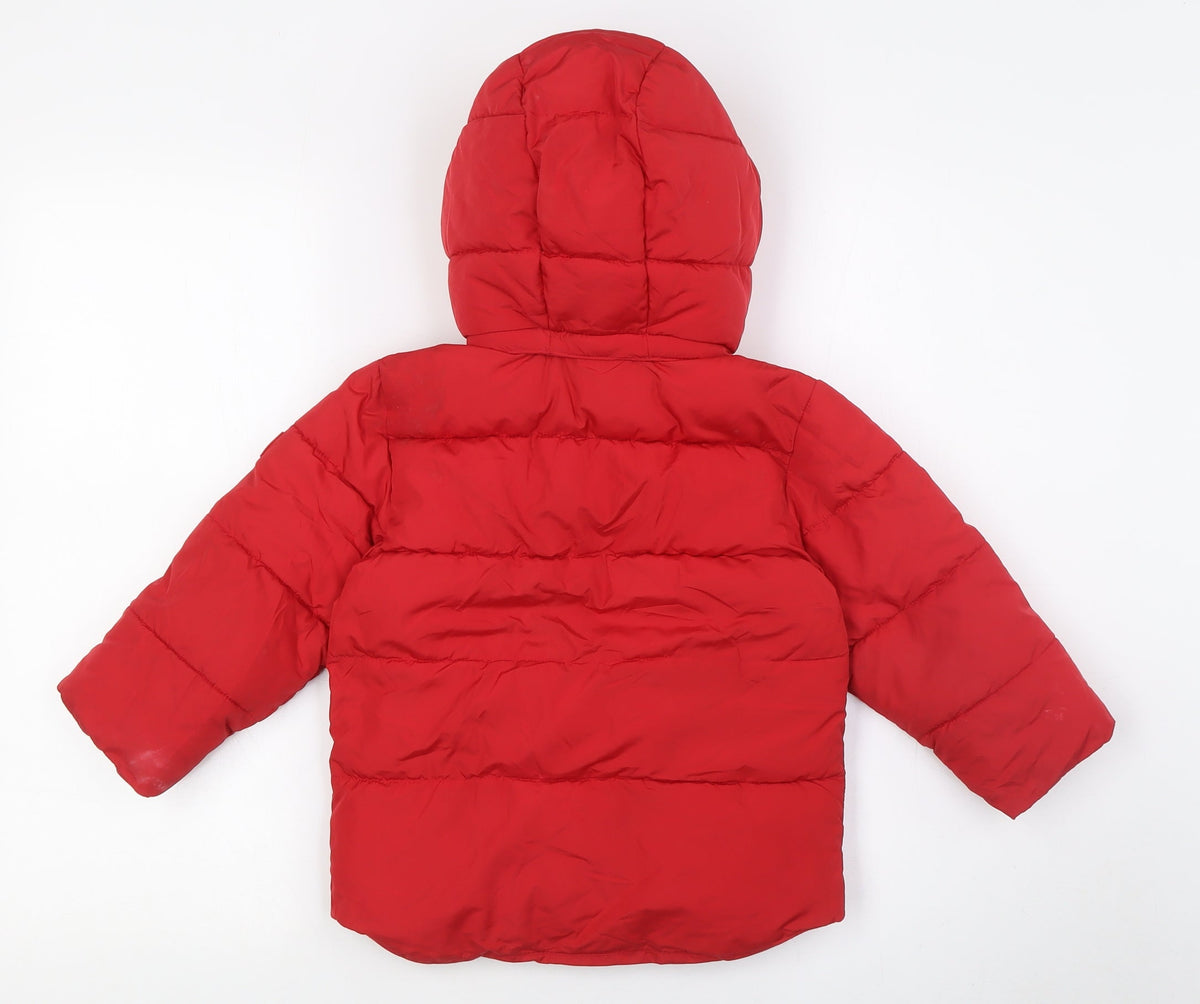 Back view of Gap boys’ red puffer jacket jacket, size 3, years zip - snow skirt