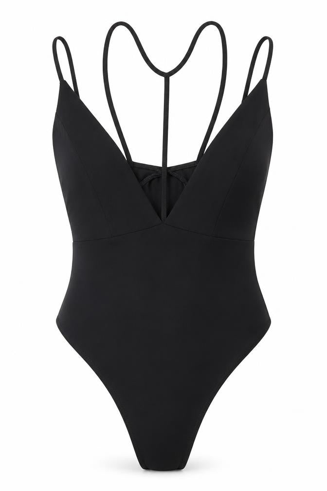 Front view of Missguided women’s black polyester bodysuit one-piece, size UK 10, snap - strappy