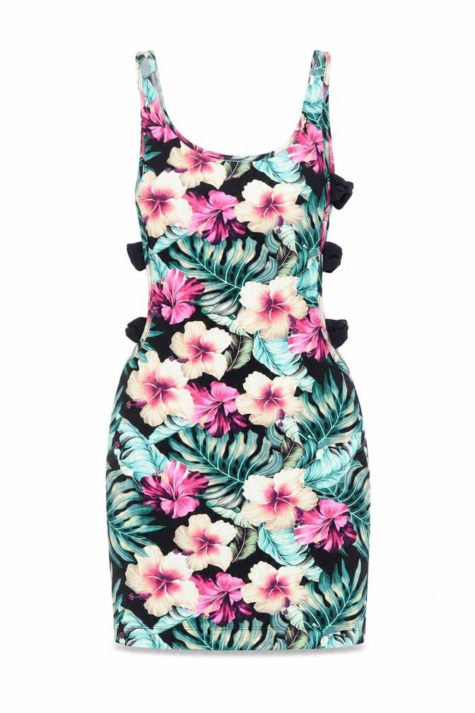 Front view of ASOS women’s multicoloured floral cotton bodycon, size UK 8, round neck pullover - bow detail