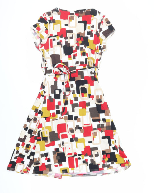 New Look Womens Multicoloured Geometric Viscose Wrap Dress Size 10 V-Neck Tie