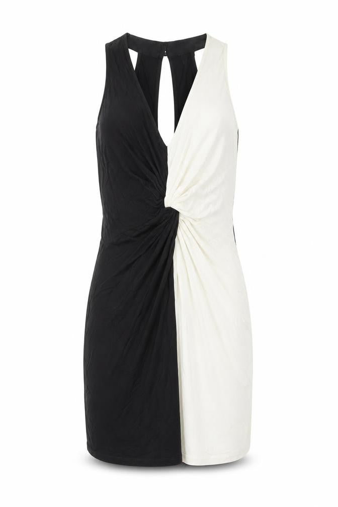 Front view of ASOS women’s black colourblock viscose bodycon, size UK 10, v-neck button - cut out back detail