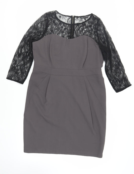 Marks and Spencer Womens Grey Polyester Pencil Dress Size 16 Round Neck Zip - Lace Sleeve