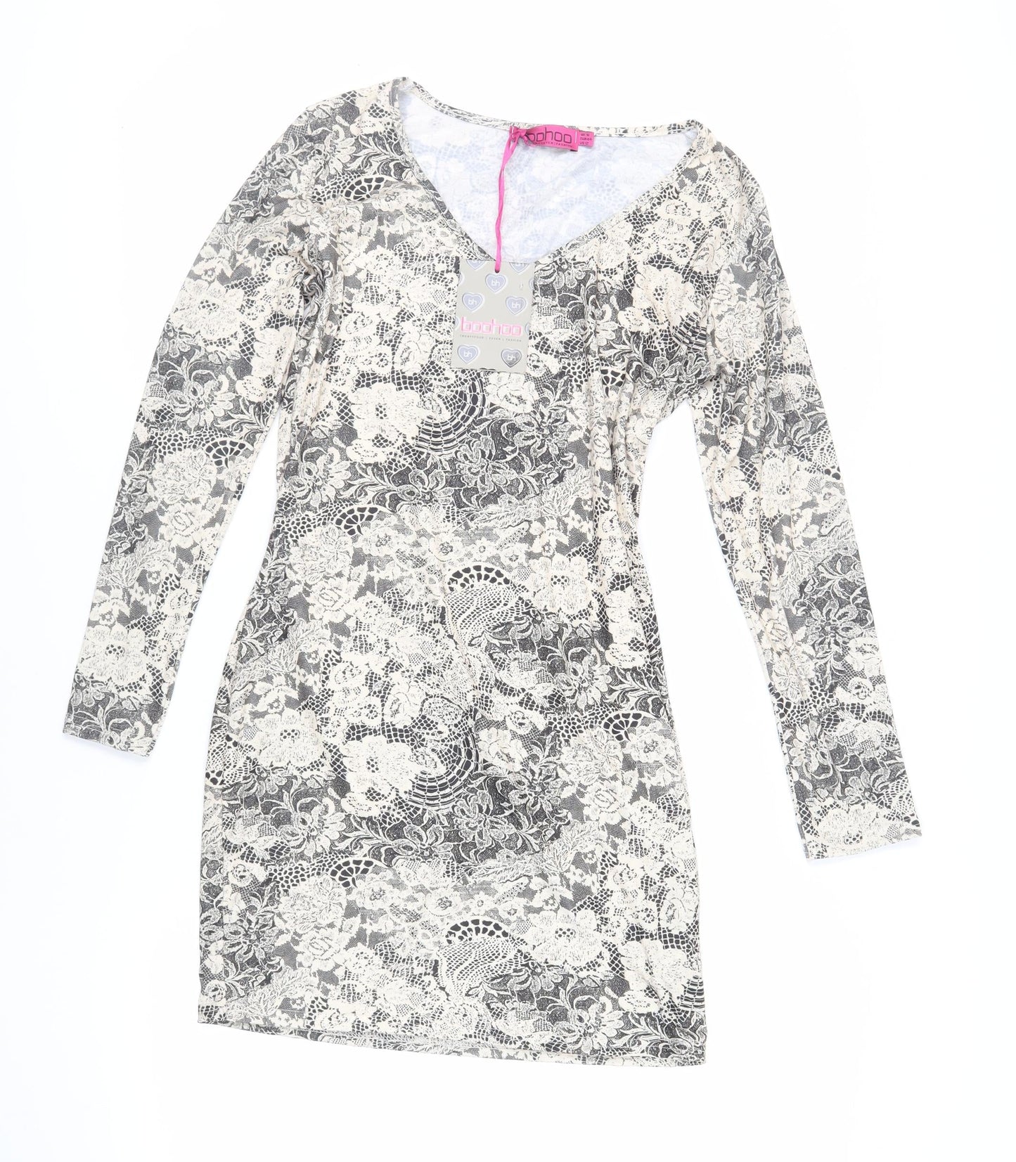 Boohoo Womens Beige Floral Polyester Mini Size 16 V-Neck Pullover