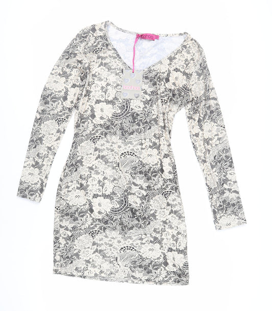Boohoo Womens Beige Floral Polyester Mini Size 16 V-Neck Pullover