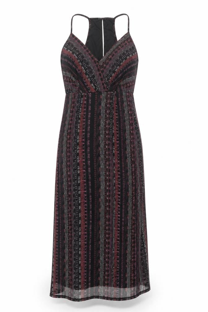 Front view of BCBGeneration women’s black geometric polyester slip dress, size S, v-neck pullover