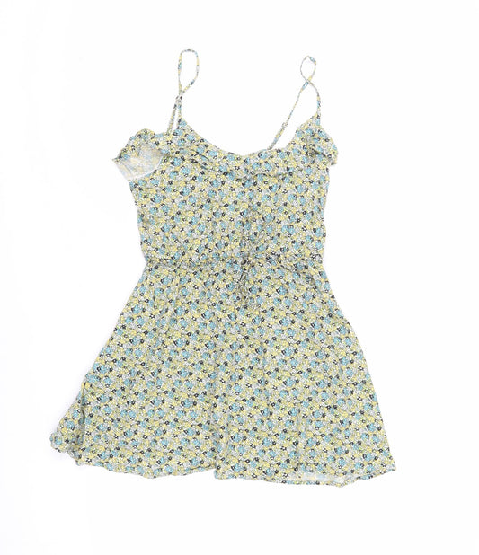 H&M Womens Green Floral Viscose Mini Size 8 Round Neck - Adjustable Waist