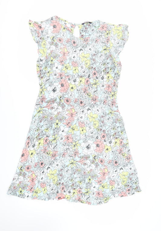 Marks and Spencer Womens Blue Floral Viscose A-Line Size 10 Round Neck Button