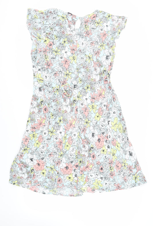 Marks and Spencer Womens Blue Floral Viscose A-Line Size 10 Round Neck Button