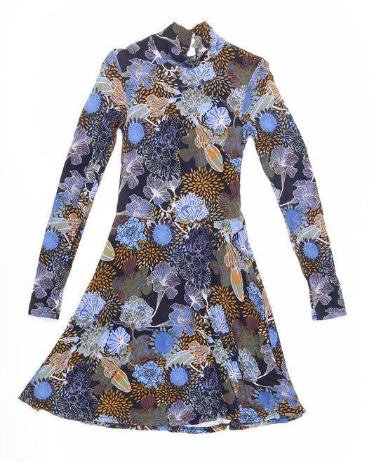 H&M Womens Blue Floral Viscose Skater Dress Size XS Mock Neck Button