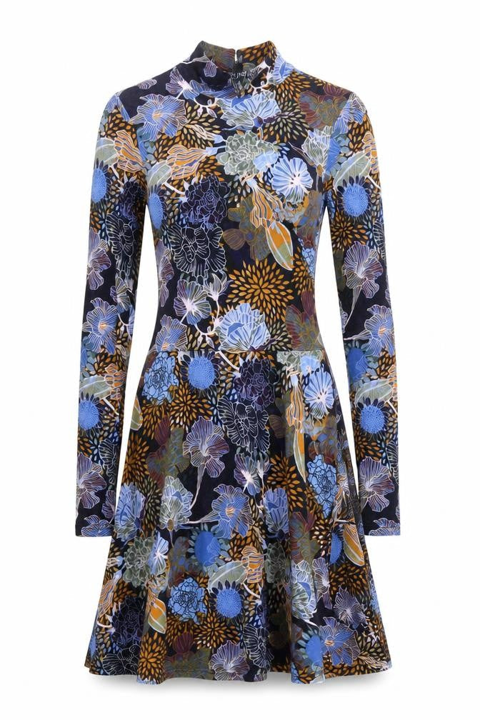 H&M Womens Blue Floral Viscose Skater Dress Size XS Mock Neck Button