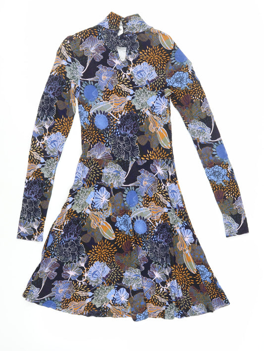 H&M Womens Blue Floral Viscose Skater Dress Size XS Mock Neck Button