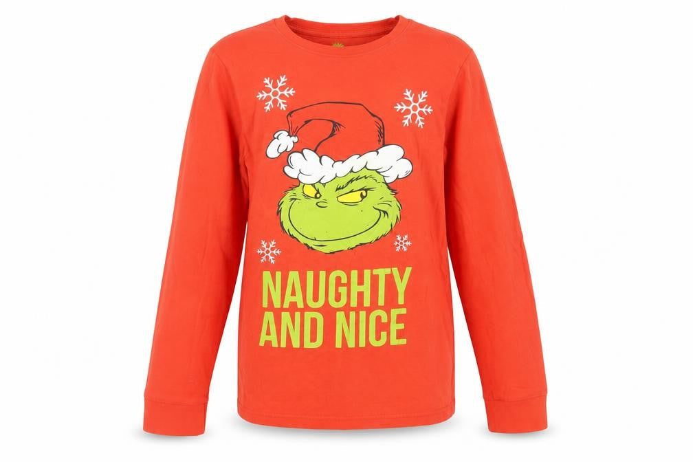 Front view of Disney girls’ red cotton pullover t-shirt, size 10-11, years crew neck - the grinch christmas