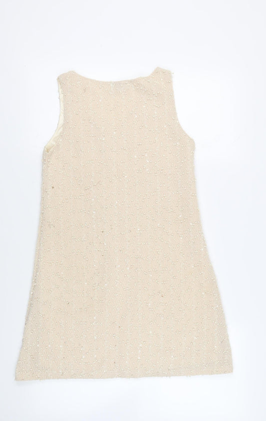 Yumi Womens Beige Polyester Shift Size S V-Neck Pullover - Sequins Textured