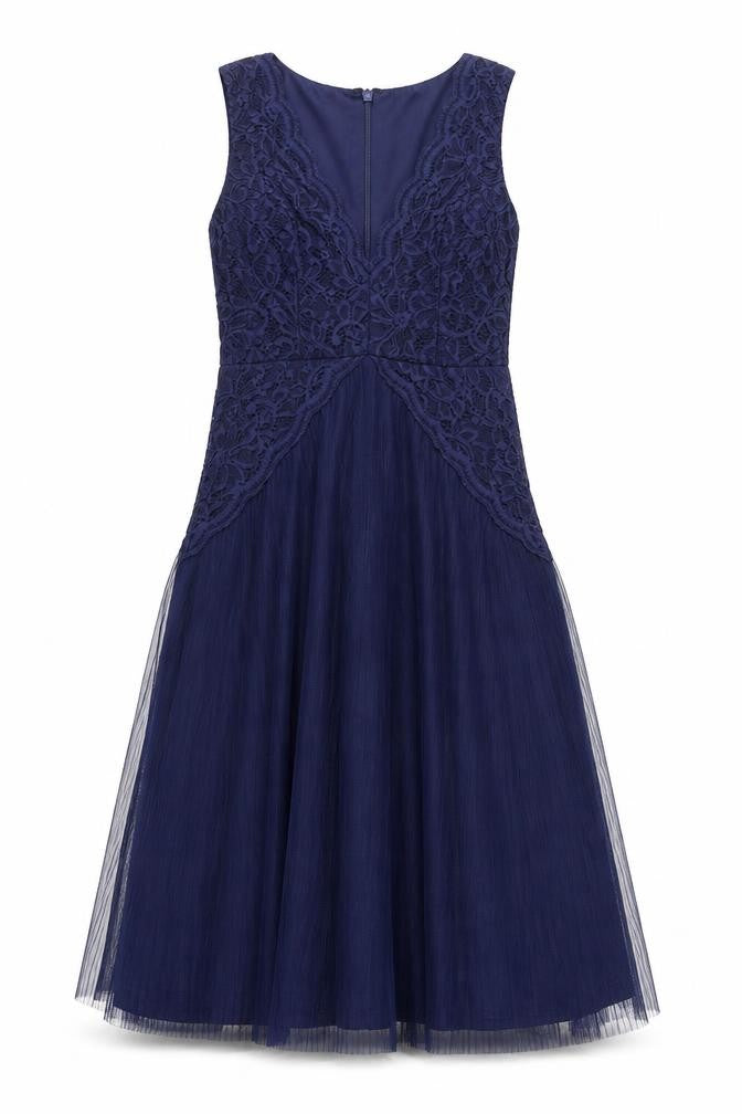 Front view of ASOS women’s blue polyester a-line, size UK 10, v-neck zip - lace detail