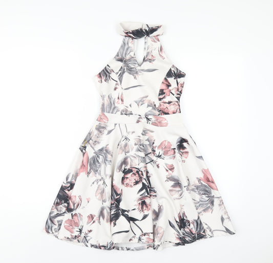 Select Womens White Floral Polyester A-Line Size 8 Round Neck Button