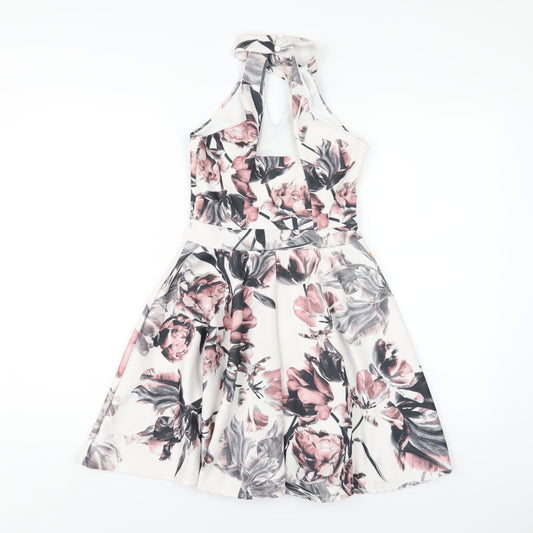 Select Womens White Floral Polyester A-Line Size 8 Round Neck Button