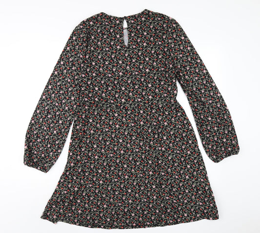 New Look Womens Black Floral Polyester A-Line Size 12 Round Neck Button