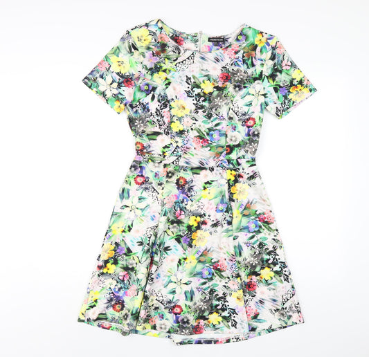 Warehouse Womens Multicoloured Floral Polyester A-Line Size 8 Round Neck Zip