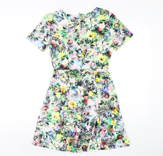 Warehouse Womens Multicoloured Floral Polyester A-Line Size 8 Round Neck Zip