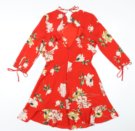 Topshop Womens Red Floral Polyester A-Line Size 8 Round Neck Zip
