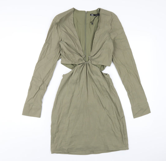Zara Womens Green Polyester A-Line Size M V-Neck Zip