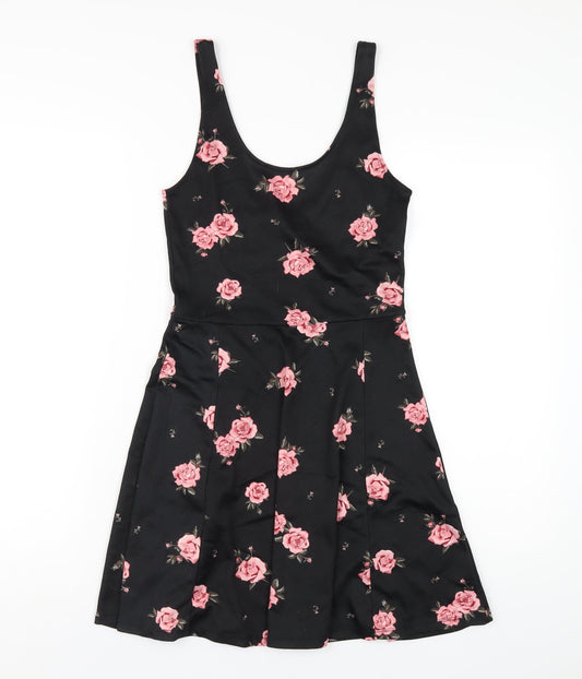 H&M Womens Black Floral Polyester A-Line Size 8 Scoop Neck Pullover