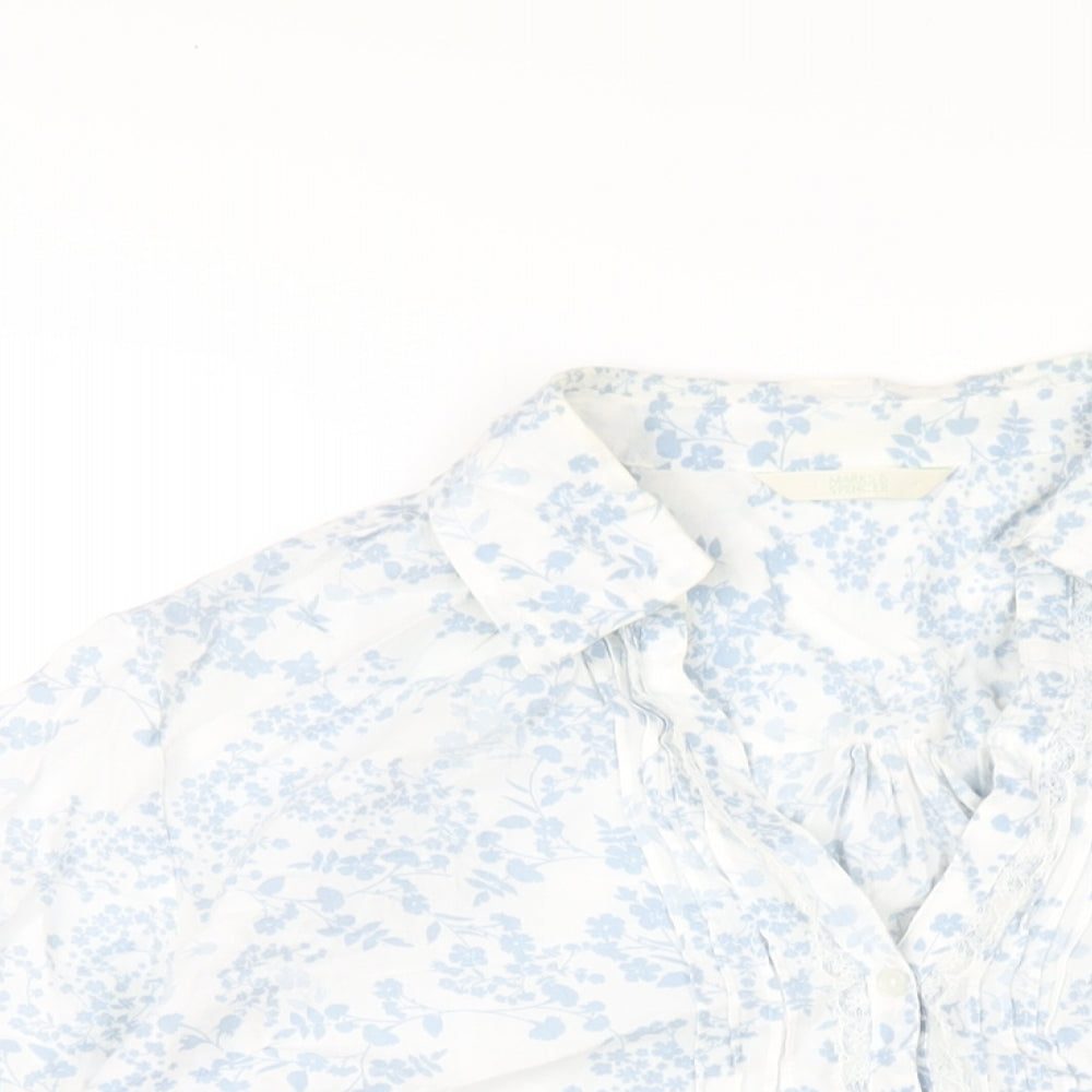 Marks and Spencer Womens Blue Geometric Cotton Basic Button-Up Size 10 Collared