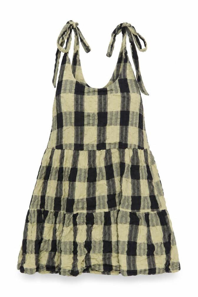 Front view of ASOS women’s green check cotton a-line, size UK 6, scoop neck pullover