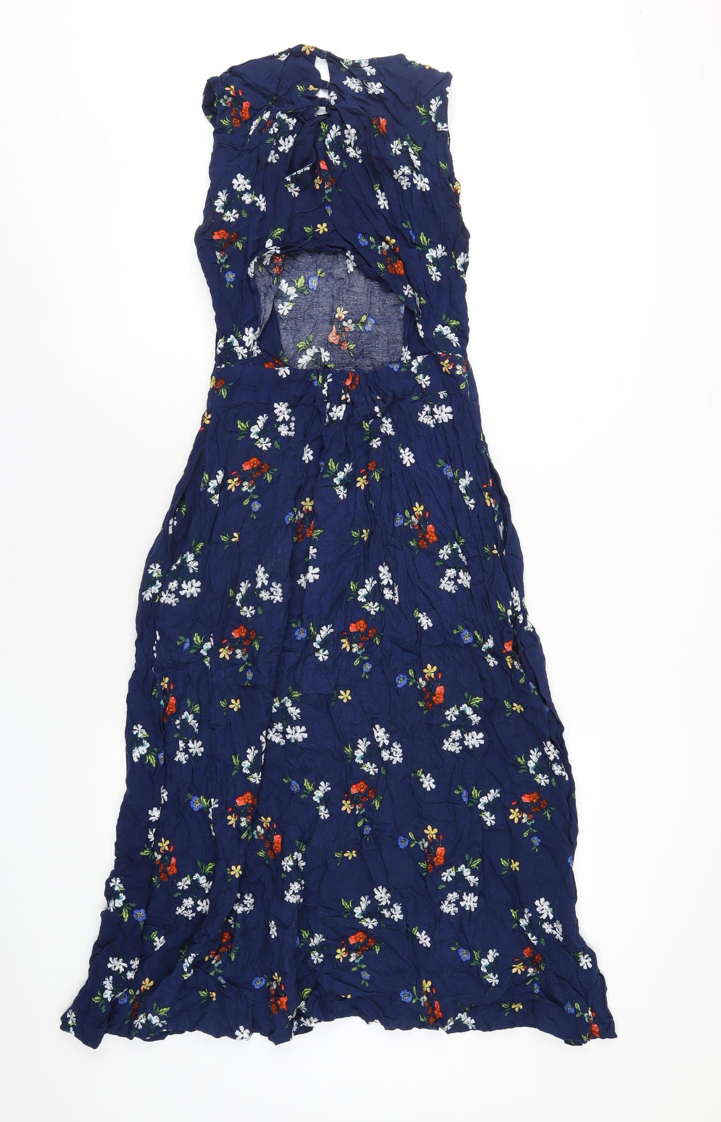 Warehouse Womens Blue Floral Viscose A-Line Size 12 Round Neck Zip