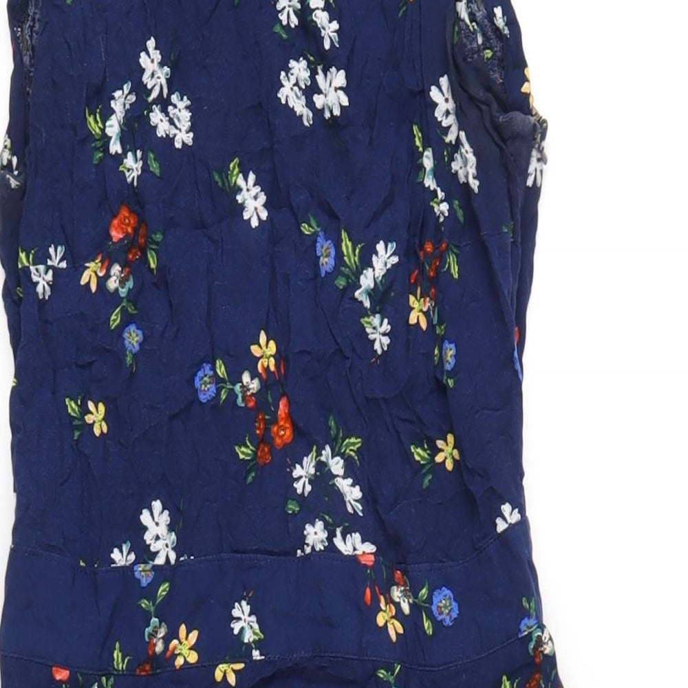 Warehouse Womens Blue Floral Viscose A-Line Size 12 Round Neck Zip