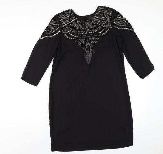 H&M Womens Black Polyester A-Line Size 10 Round Neck Button - Beaded Front