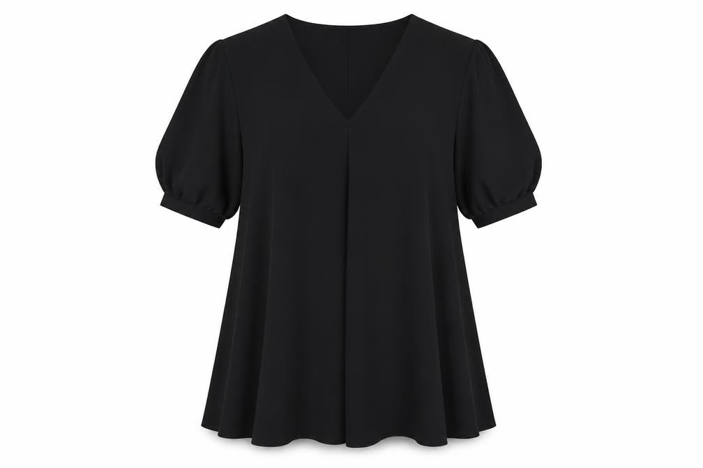 Front view of ASOS women’s black polyester a-line, size UK 6, v-neck pullover