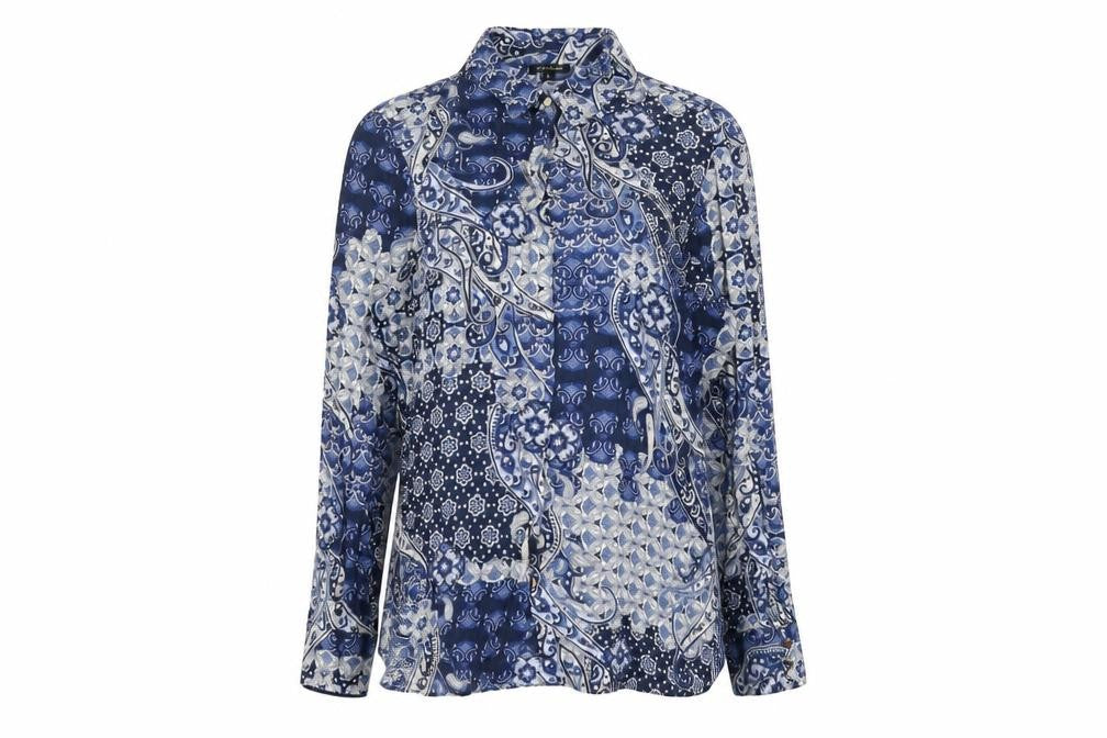 River Island Womens Blue Geometric Viscose Basic Button-Up Size 10 Collared